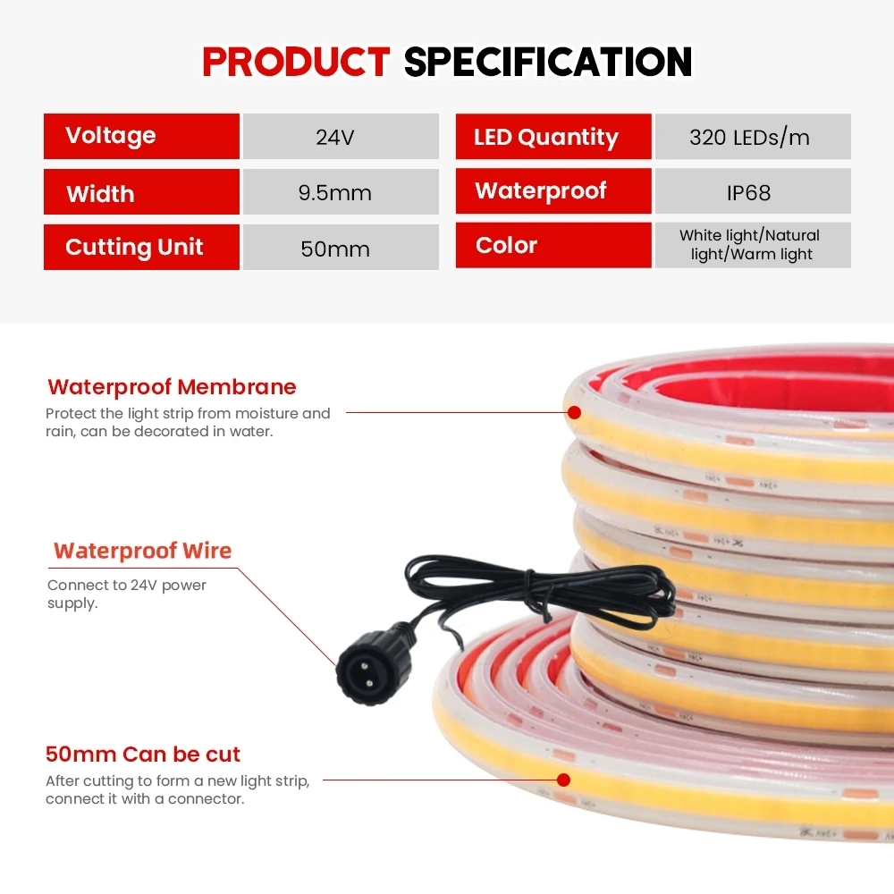 24V COB Strip IP68 Waterproof  - Outdoor Power Strip Weatherproof ulasan dan harga